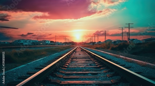 train railway illustration background with sunset, generative ai