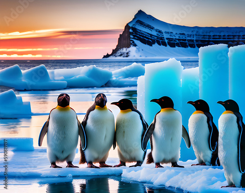 penguins standing on ice blocks  Illustration by Generative Ai