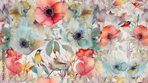 Boho poppies watercolor art and soft vibrant colors with light background  tile. Generative AI