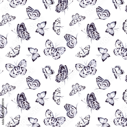 Butterfly pattern , black and white , fabric pattern, textile design, butterflies , insects, watercolor illustration