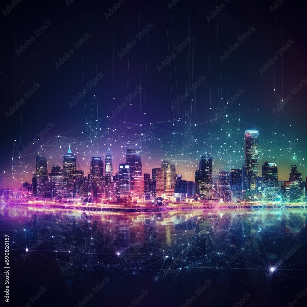 Smart city and abstract dot point connect with gradient line and aesthetic Intricate wave line design , big data connection technology concept. generative ai
