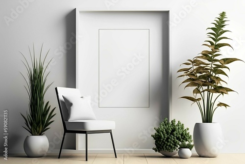 Empty vertical frame mockup in modern minimalist interior design with plant in trendy vase  lamp and book on white wall background. Template for artwork  painting or poster  Generative AI