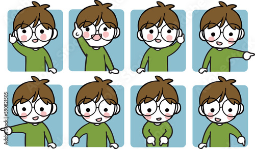 色々な方向を指さす眼鏡の男の子のイラストセット