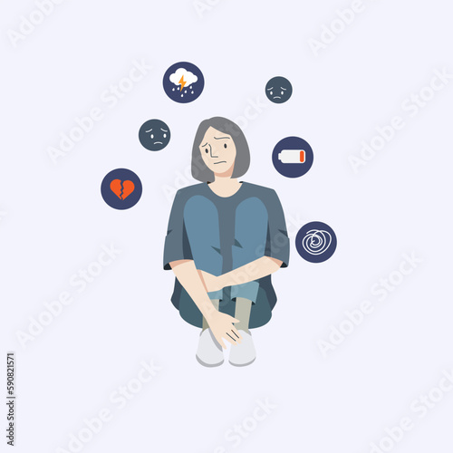 people who suffers from mental health diseases,unhappy,sad and lonely.people surrounded by symptoms of Depression, sorrow, sadness, mental disorder, illness.