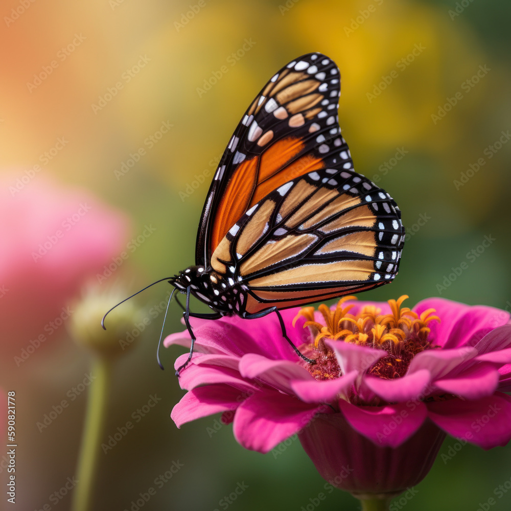 Monarch Butterfly on Pink Flower: Close-up with Blurred Green Background- Created with generative AI Monarch Butterfly on Pink Flower: Close-up with Blurred Green Background- Created with generative AI