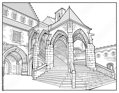 Coloring book for children and adults. Entrance in old French medieval castle. Buildings for coloring. Zentangle style. Printable page for drawing and meditation. Black and white vector Illustration.