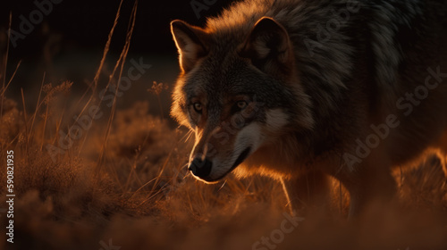 Detail of a wolf in pursuit of its prey - Capture the raw intensity of nature as this predator exhibits its hunting prowess. -created with generative AI
