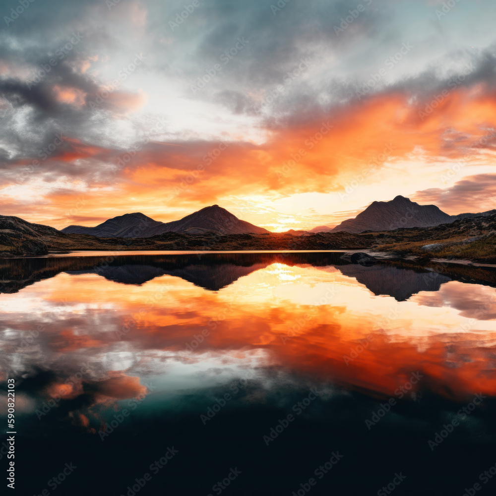 Panoramic view of a sunset over a mountain lake - Experience the serene beauty of nature with vibrant hues reflecting on calm waters. -created with generative AI