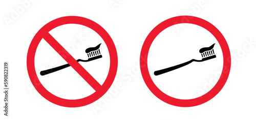 Please do not wash your teeth. Prohibited tooth and toothbrush icon. Molar, tooth brush. Vector no ban, warning sign. Damage teeth brush or tooth brush. Stop, forbidden and don't brush your teeth.