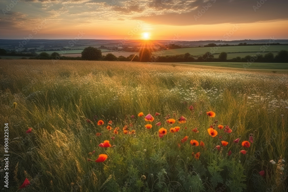 Majestic sunset casting a golden glow over rolling countryside and fields of green, epitomizing serene rural beauty.  - obrazy, fototapety, plakaty 