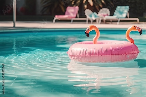 pink flamingo buoy in the pool generated with AI tools