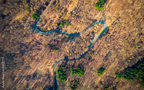 High angle view of a winding mountain road going through the forest in the evening light