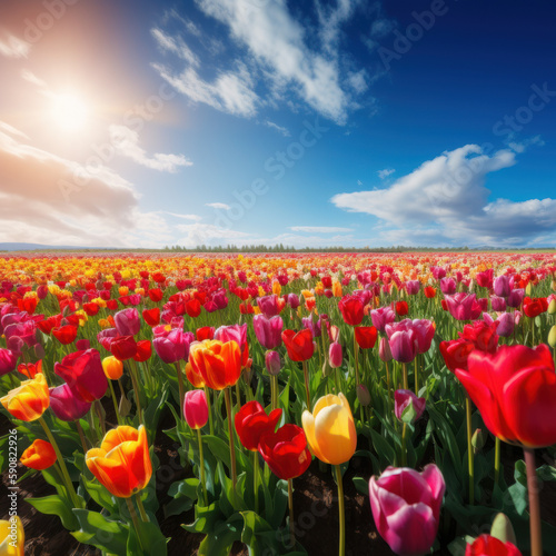  A beautiful field of colorful tulips under a bright blue sky with fluffy white clouds. - created with Generative AI