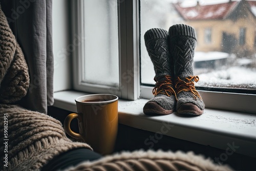 cozy morning scene with coffee and boots on a windowsill. Generative AI