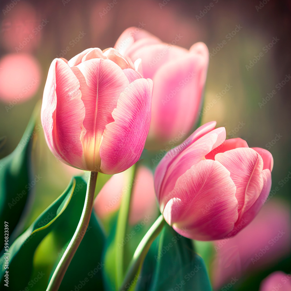 Holland's Pink tulips bloom in an orangery spring season at blurry background, closeup. Holland's Pink tulips bloom in an orangery spring season at blurry background, closeup.