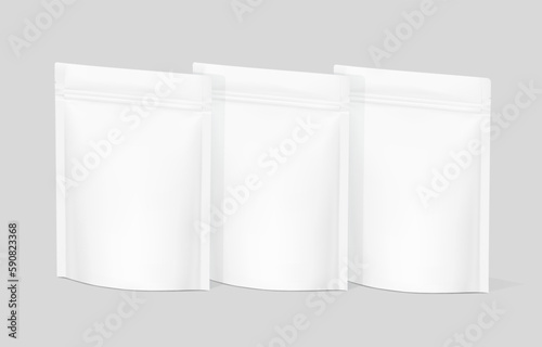 Stand up pouches mockups with ziplock mockup isolated on white background. Vector illustration. Half side view. Great way to presentation your products. EPS10