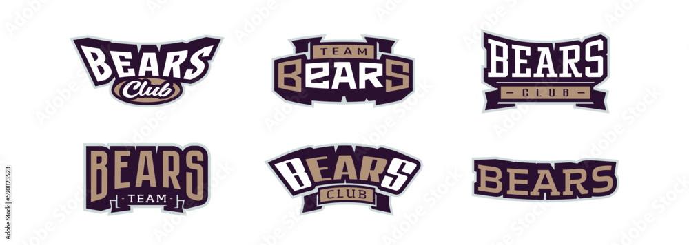 A set of bold fonts for bear mascot logo. Collection of text style lettering for esports, bear mascot logo, sports team, college club logo. Font on ribbon. Vector illustration isolated on background