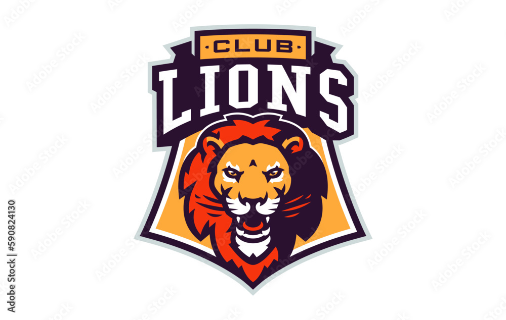 Sports logo with lion mascot. Colorful sport emblem with lion, leo mascot and bold font on shield background. Logo for esport team, athletic club, college team. Isolated vector illustration