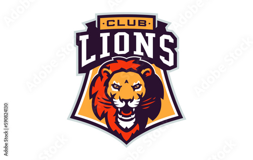Sports logo with lion mascot. Colorful sport emblem with lion, leo mascot and bold font on shield background. Logo for esport team, athletic club, college team. Isolated vector illustration
