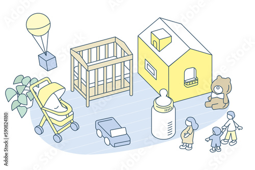 Environment for raising children, including strollers, cribs, and bottles.