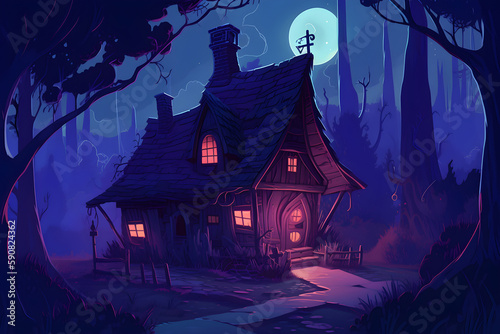 Witch House With Glow Windows at Night: AI Generated Image
