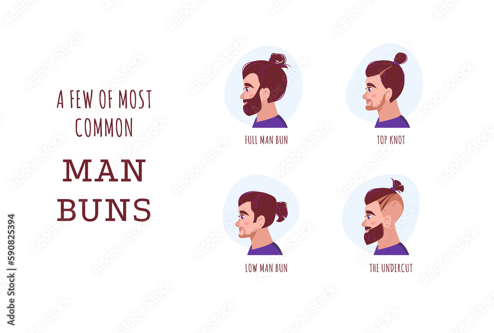 Collection of vector male head portraits - a few of most common man buns, 4 different fashion styles of wearing hair buns. Simple portraits for web and chat or barbershop logo and decor. Collection of vector male head portraits - a few of most common man buns, 4 different fashion styles of wearing hair buns. Simple portraits for web and chat or barbershop logo and decor.