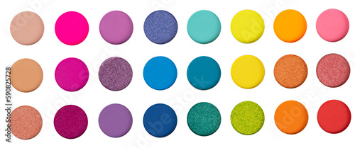 Multicolored neon eyeshadow palette. Make-up. Beauty products. Bright colorful beautiful background. Tool for makeup artist. Cosmetic. Visagiste. Beauty shop. Summer eye shadow.