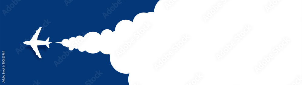 White airplane and clouds on blue background. Paper art. Vector illustration