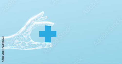 Wireframe hand holding Medical cross sign. Science and health care concept. Low polygons, triangles, wireframe, and particle style. Vector illustration