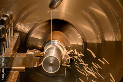 Close up scene the lathe machine finish cut  metal shaft parts with liquid coolant method. © Pixel_B
