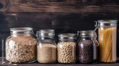 Jars of dried peans, rice. Generative AI