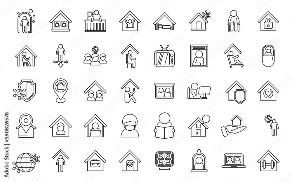 Self isolation icons set outline vector. Home work. Safe stay