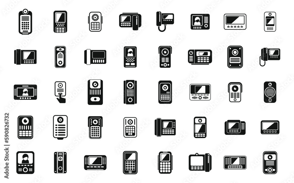 Video intercom icons set simple vector. Door phone. Bell alarm Video intercom icons set simple vector. Door phone. Bell alarm