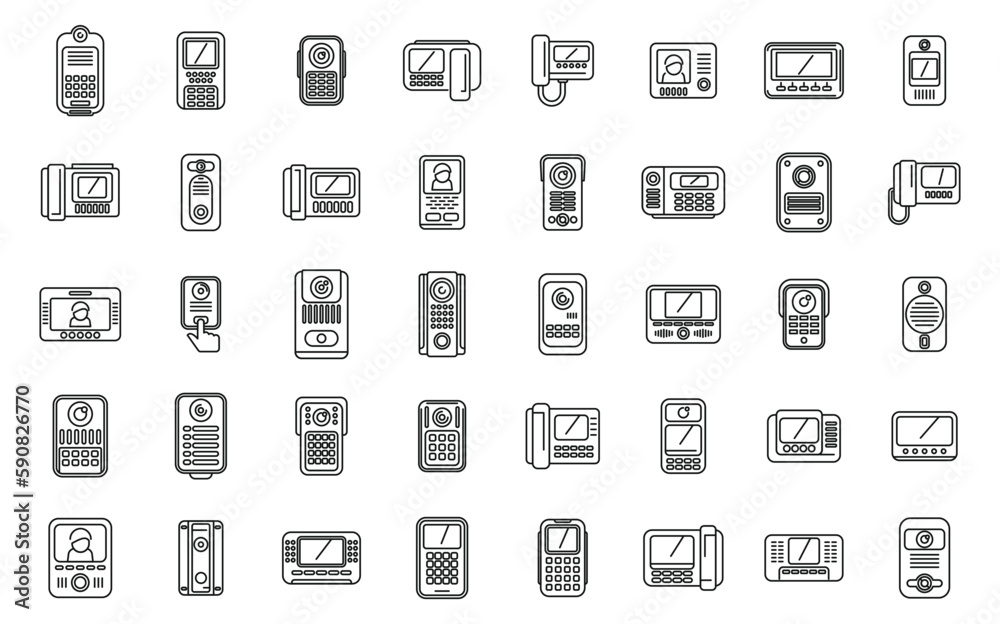 Video intercom icons set outline vector. Door phone. Bell alarm Video intercom icons set outline vector. Door phone. Bell alarm