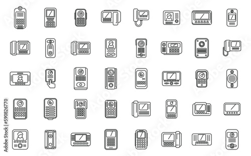 Video intercom icons set outline vector. Door phone. Bell alarm
