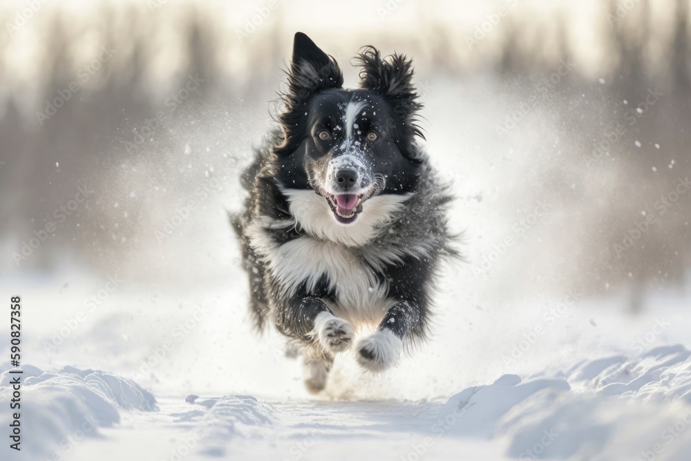 lively black and white dog happily running through a snowy landscape. Generative AI