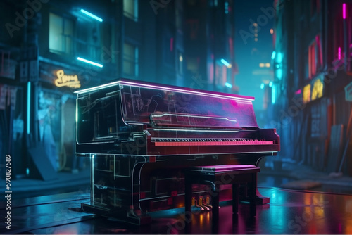 Piano standing in futuristic city street with neon lights illumination. Cyberpunk musical concept of piano in urban scene background.
