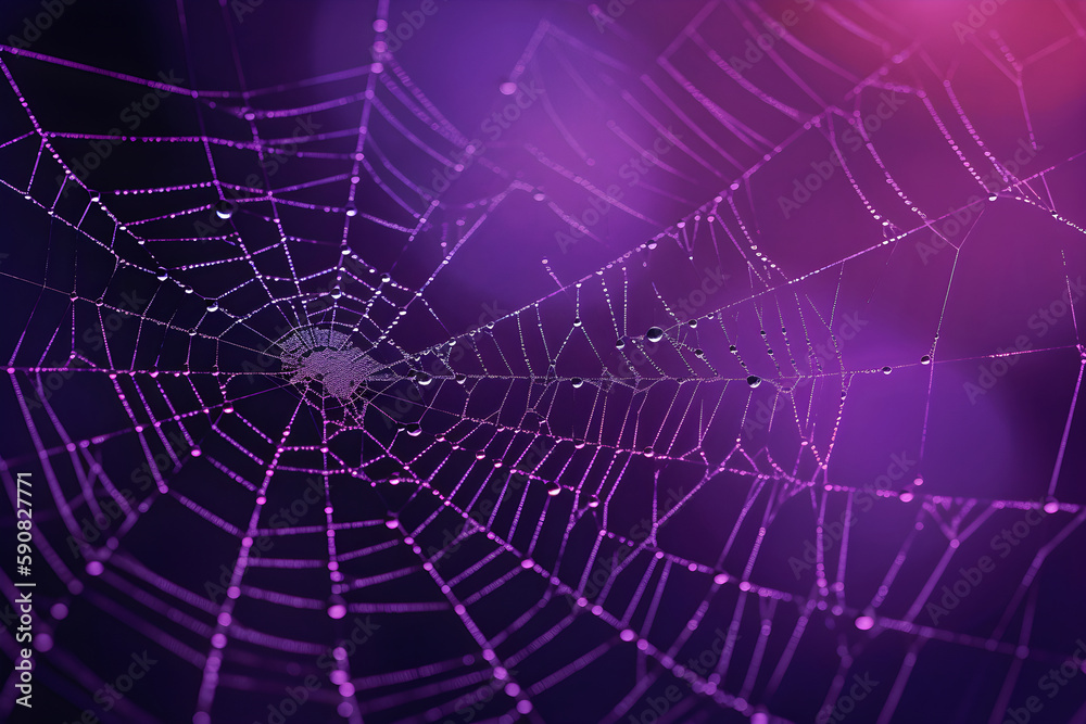 Spider Web With Dew on Purple Background: AI Generated Image