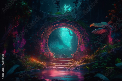 Round mystical pandora portal in jungle. Neon color futuristic portal in forest. Futuristic fantasy concept.
