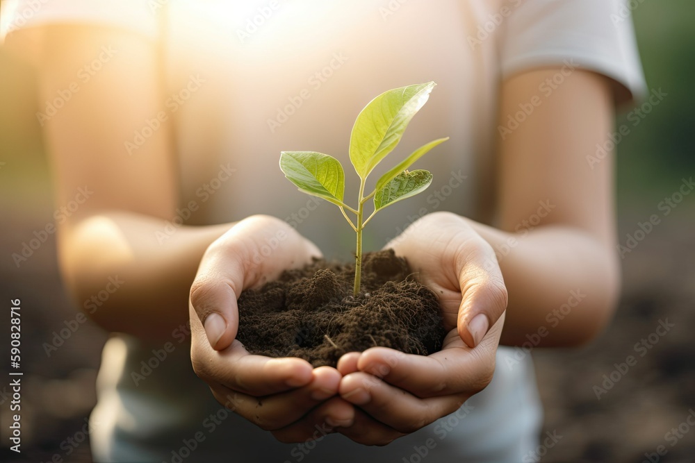 Plant in Indian hands, Environmental awareness concept, Lower carbon emissions 2050 ESG goals, Generative AI Plant in Indian hands, Environmental awareness concept, Lower carbon emissions 2050 ESG goals, Generative AI