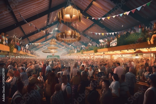 Energetic digital illustration of Munich's Oktoberfest, showcasing bustling environment. generative ai