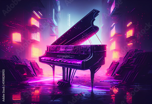 Ultra vilolet color Piano standing in futuristic city street with neon lights illumination. Cyberpunk musical concept of piano in urban scene background. photo