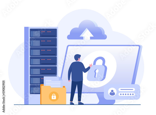 Database and personal data security, cyber data security, privacy, flat design concept illustration template