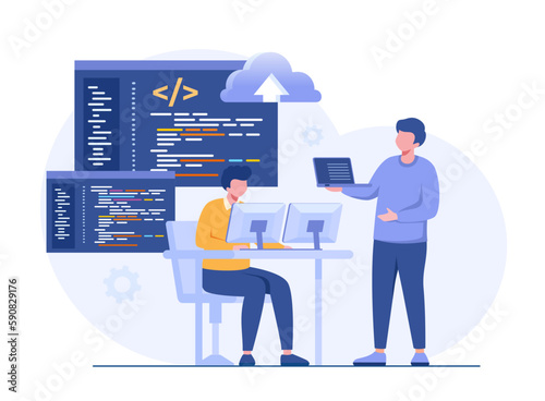 Software development. Web programming languages. css, html, it, ui. programmer cartoon character developing website, coding. flat illustration banner photo