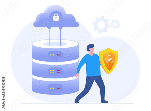 Data server concept. Storage technology, cloud system, database. Template of people scene. Vector illustration with character activities in flat design for website, folder, data center.