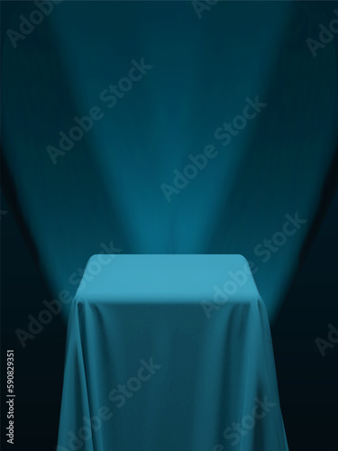 Teal green blue fabric covering a cube or a table, with purple background and stage spotlights. Can be used as a stand for product display, draped table. Vector illustration