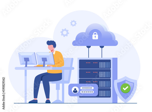 Data server concept. Storage technology, cloud system, database. Template of people scene. Vector illustration with character activities in flat design for website, folder, data center.