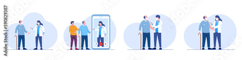 Patient and doctor, consultation concept, paramedic, healthcare, inject vaccine, flat illustration vector banner background
