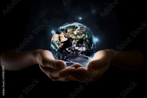 Hand holding glass globe ball with tree growing and green nature blur background. eco concept. Generative Ai