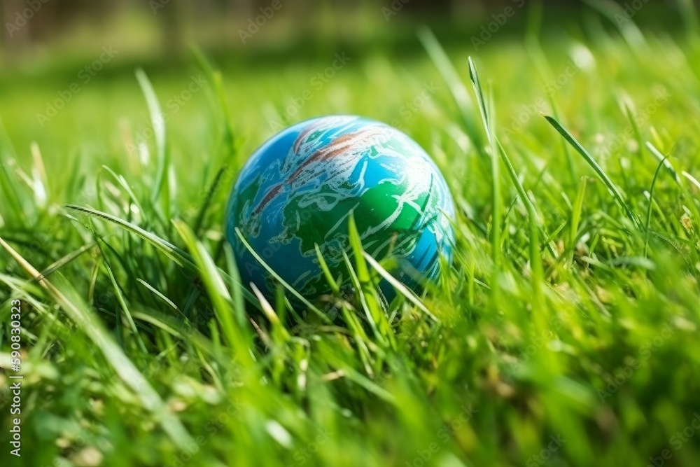 Hand holding glass globe ball with tree growing and green nature blur background. eco concept. Generative Ai